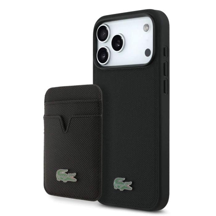Lacoste Iconic Petit Piqué Logo MagSafe Leather Case for iPhone 17 Pro Max, Premium Protective Cover - Black