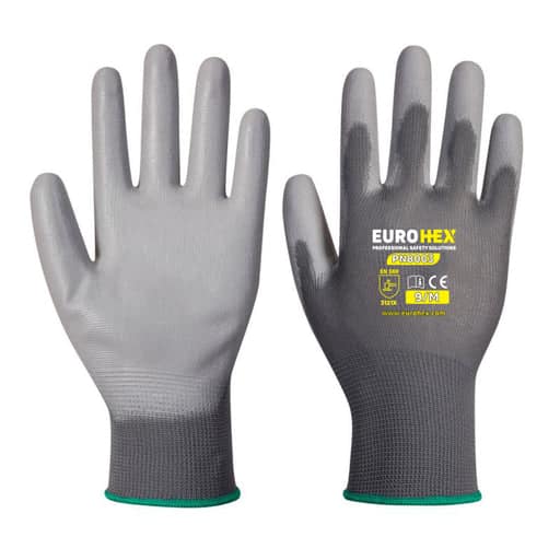 Polyester Gloves From EUROHEX Coated with Black PU on Palm | Model EHPN8003