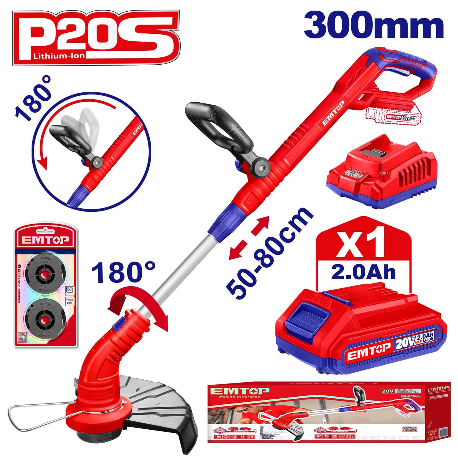 EMTOP ELGT20018 20V Cordless Grass Trimmer