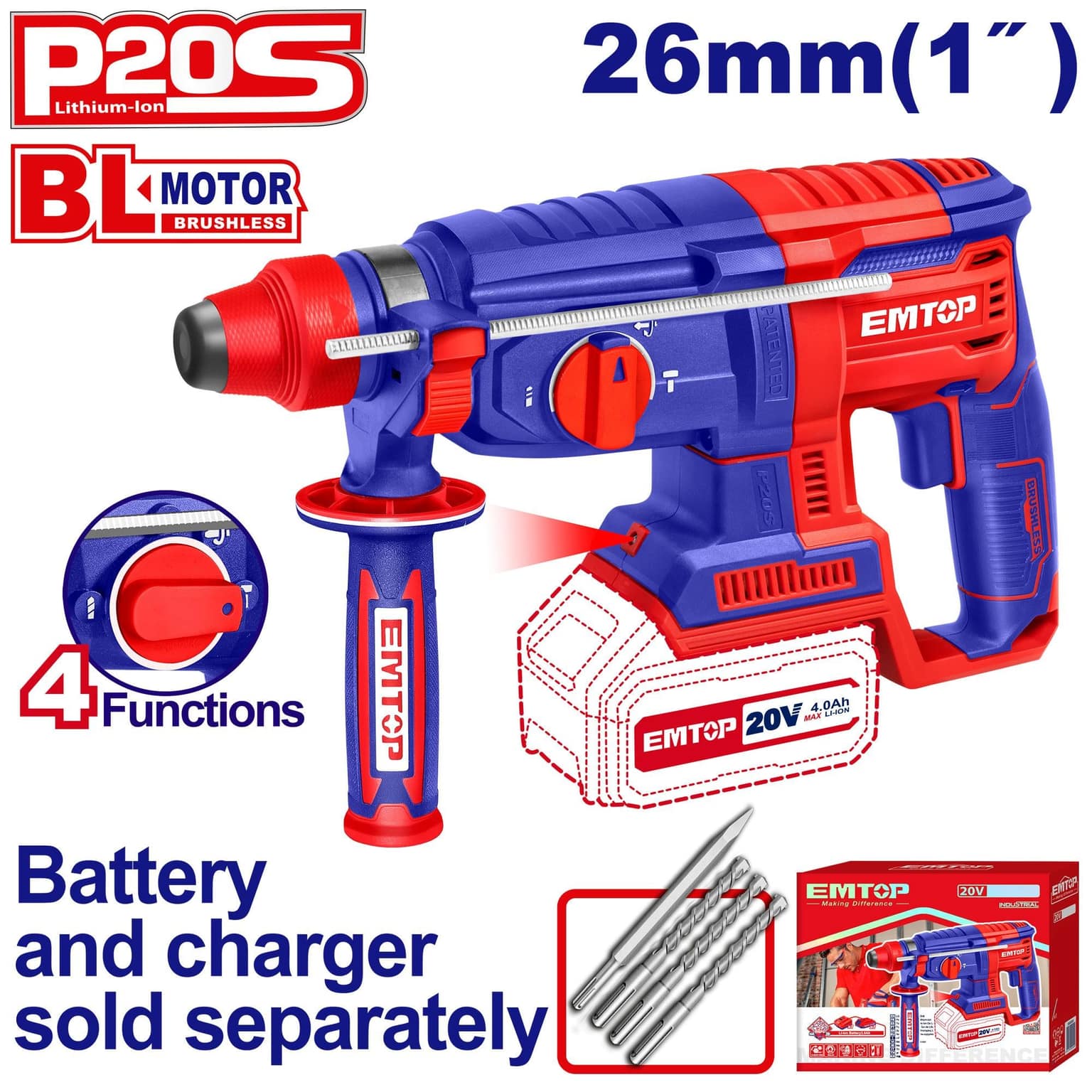 EMTOP ELRH20188 20V Cordless Rotary Hammer