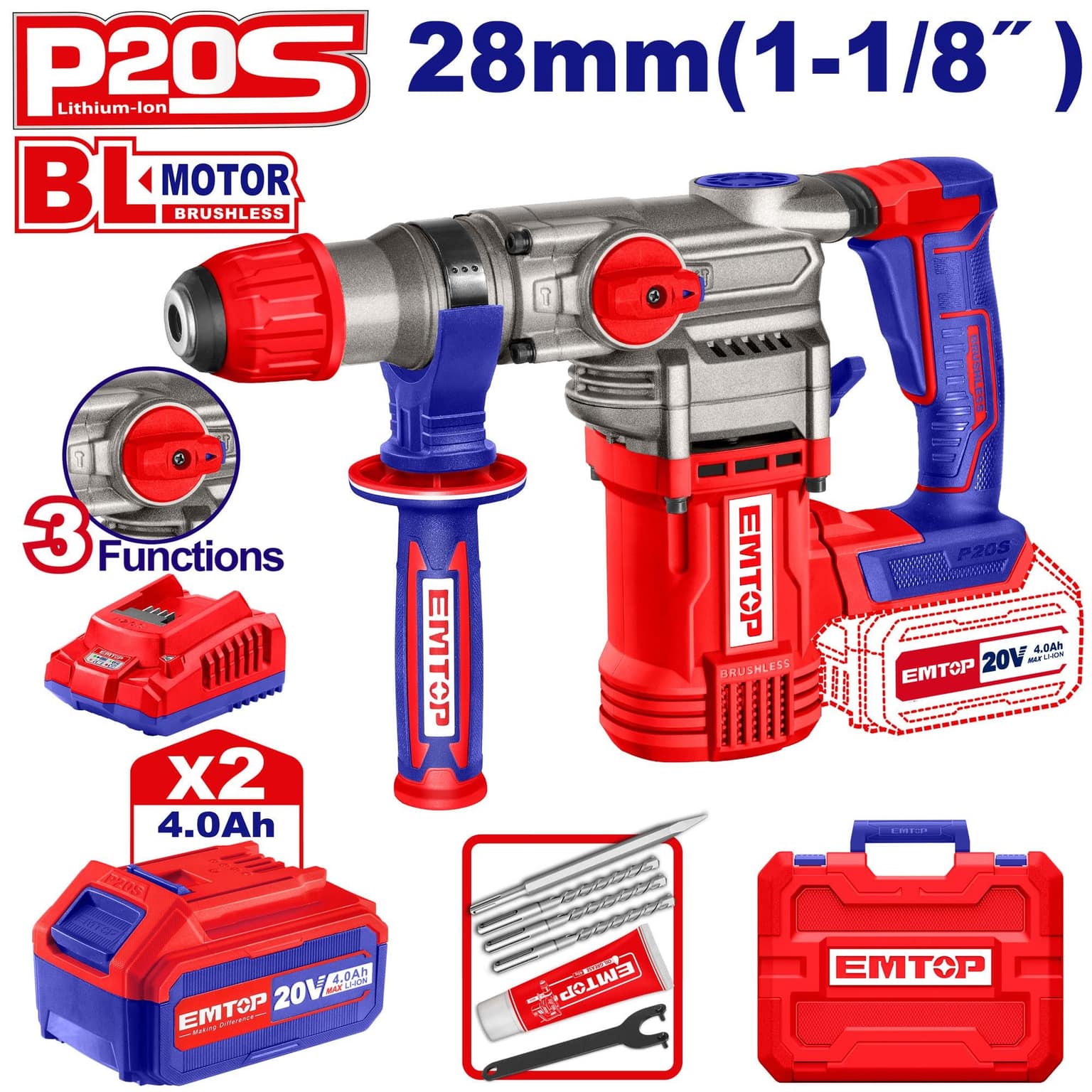 EMTOP ELRH202882 20V Cordless Rotary Hammer