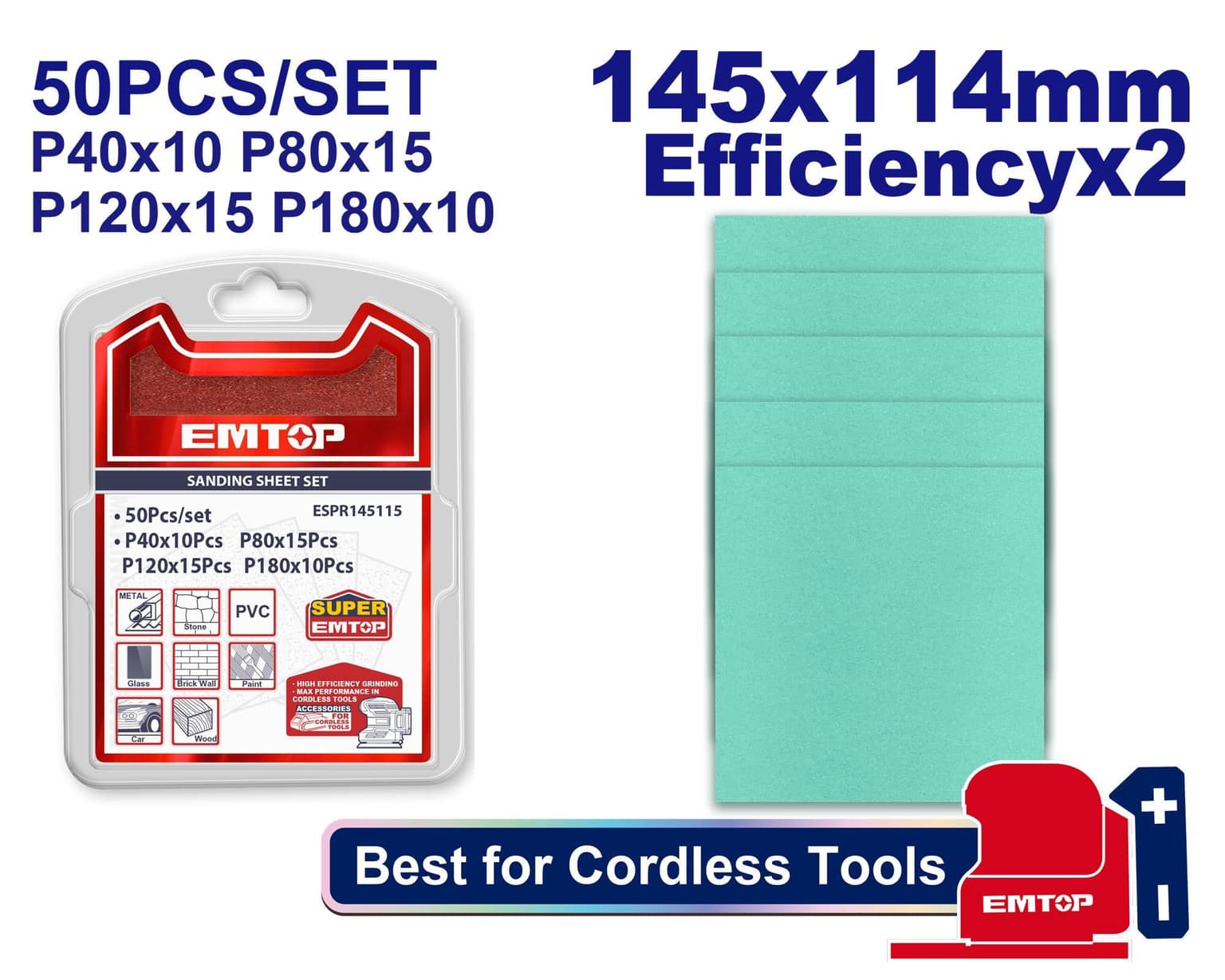 EMTOP ESPR145115 Sandpaper Sheet Set – 145×114mm (50 Pieces)