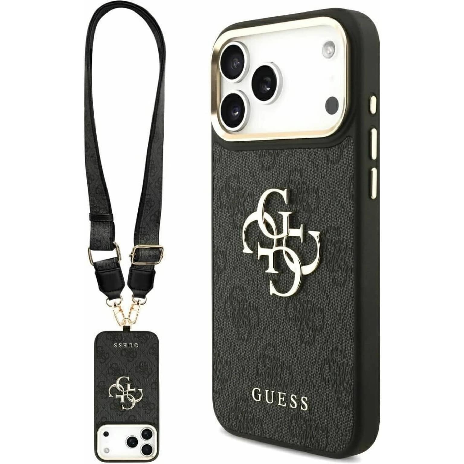 Guess Big 4G Classic Case with Big Strap & Metal Buttons for iPhone 17 Pro Max - Black & Brown