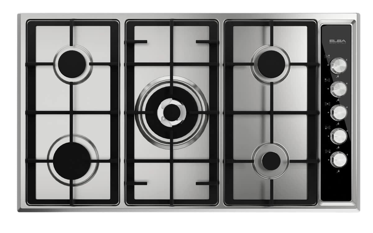 Elba Built-in Gas Hob - 90cm - 5 Burners - Stainless Steel Finish - Central Triple Ring Wok Burner - Cast Iron Pan Supports - Model E95-545 X