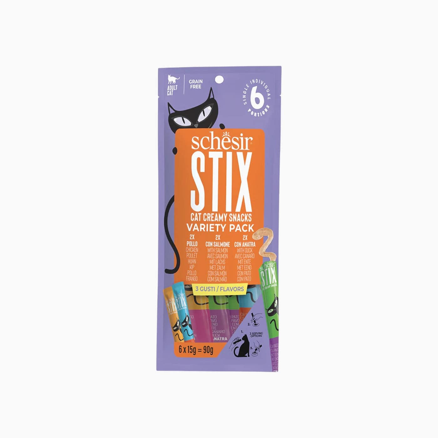 Schesir Stix Cat Pouch Variety Treats Chicken-Duck-Salmon 12x6x15 gm