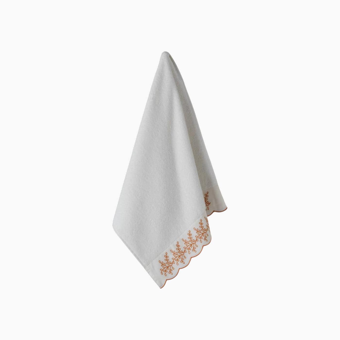 H Living Artistic Leafy Cotton Brode Face Towel 50x80 cm Ecru - Yellow