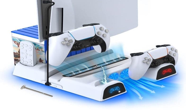 Kingtop PS5 Cooling Stand with LED Fans, Dual Controller Charging Dock & Game Storage – Black