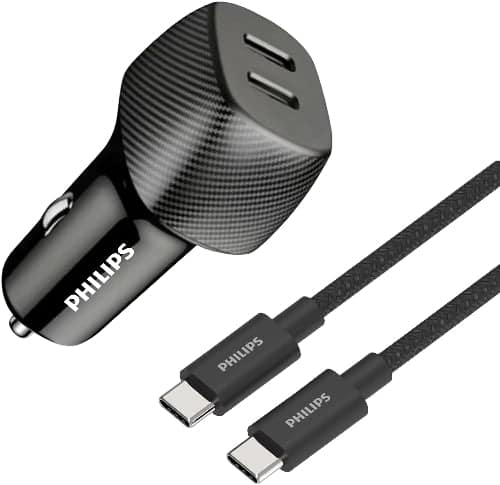 Philips 60W Dual USB-C Car Charger with USB-C Cable – Black (DLP5522CC)