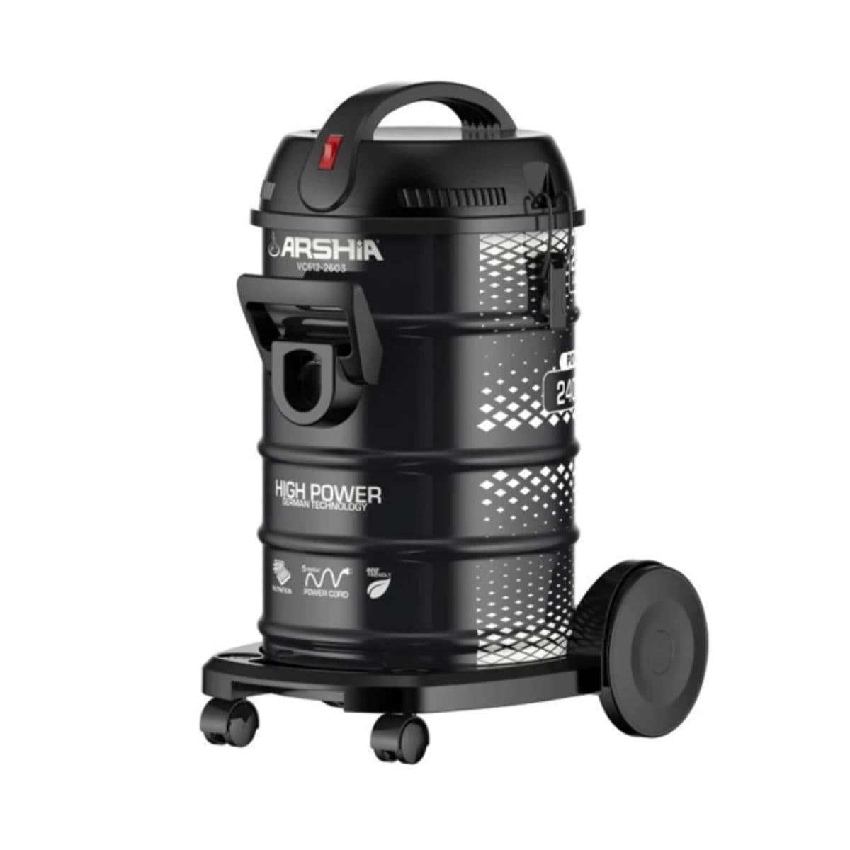 Arshia Drum Vacuum Cleaner, Meatal Body, Turbo Brush, 2400Watts, 23Lit, Black