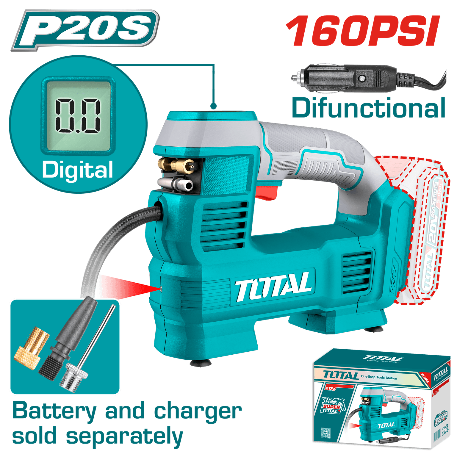ضاغط هواء TOTAL 20V متنقل 160PSI مع مصباح LED لأداء موثوق