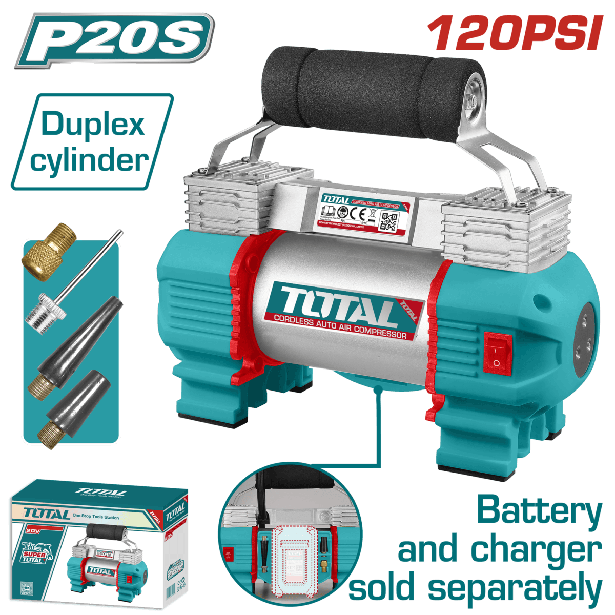 TOTAL Cordless Auto Air Compressor 20V – 120 PSI – Dual Cylinder (TACLI2026)