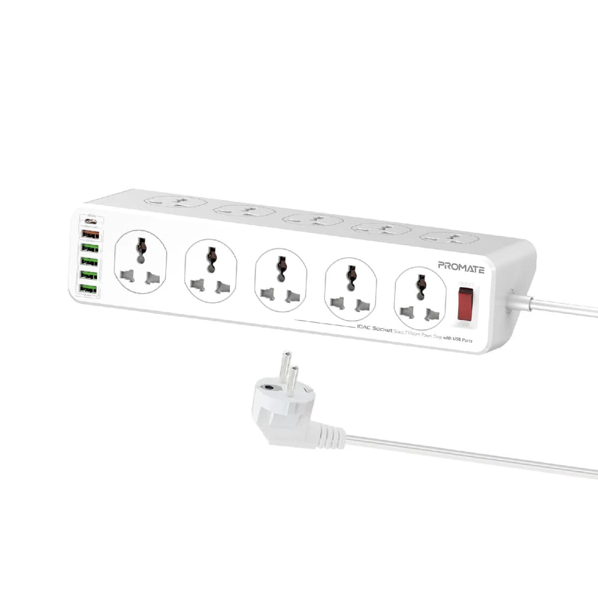 وصلة كهرباء 10 مخارج AC مع 4 منافذ USB وشحن 20W وكابل 5 متر من PROMATE