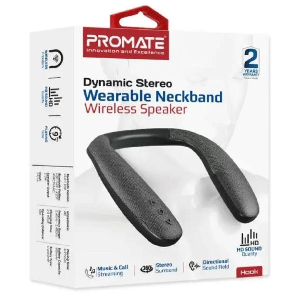 Promate Hook Dynamic Stereo Wearable Neckband Wireless Speaker with 360-Degree Sound 9H Playtime - Black