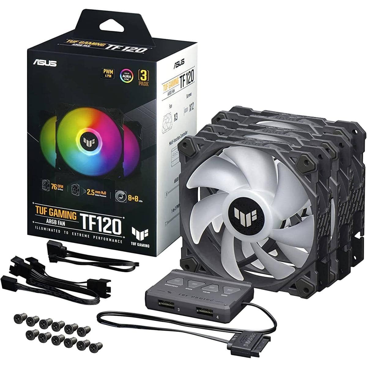 ASUS TUF Gaming TF120 ARGB Triple Fan Kit w/ Controller 3Pin LEDs Blade 120mm PWM Control For Computer Case & Liquid Radiator