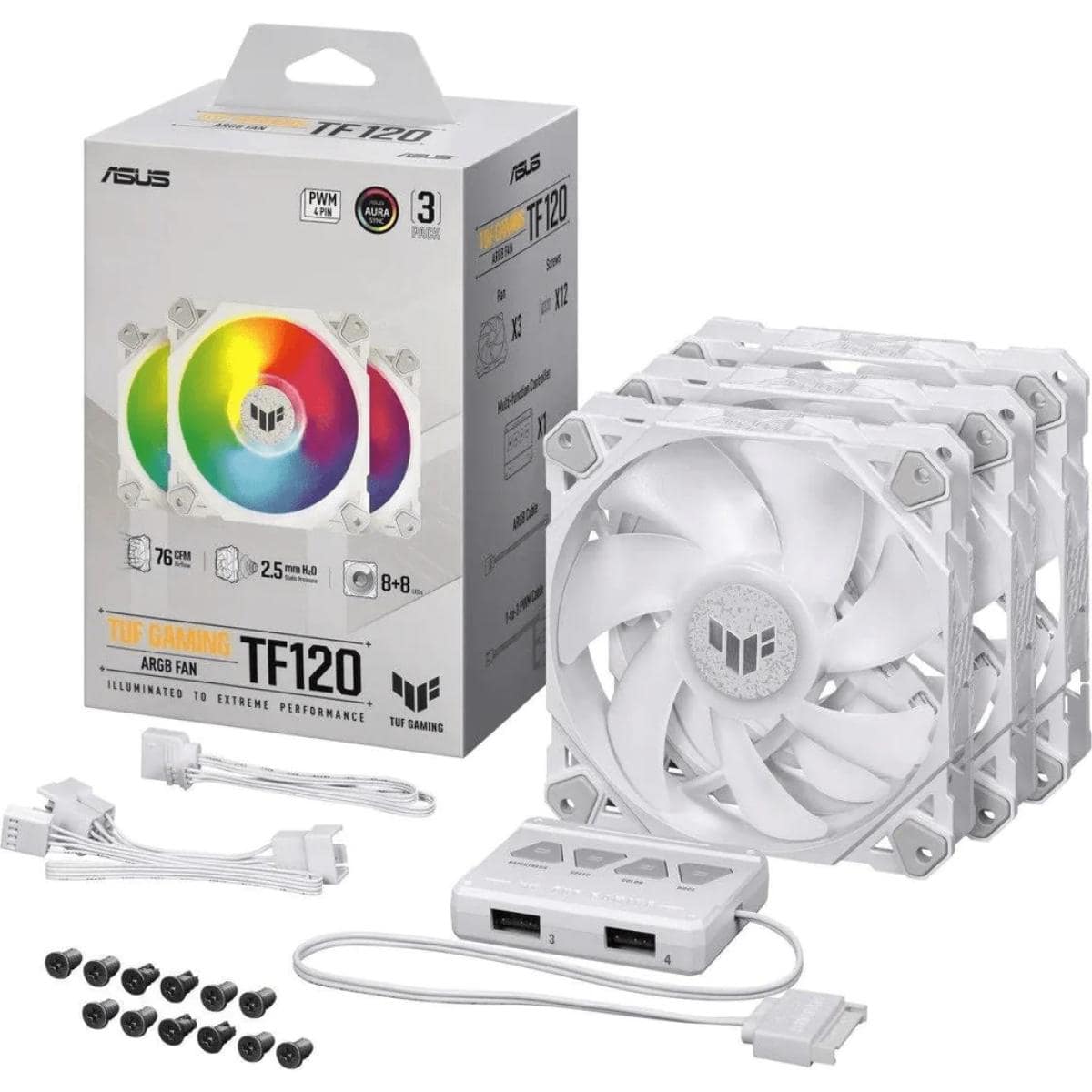 ASUS TUF Gaming TF120 ARGB Triple Fan Kit w/ Controller 3Pin LEDs Blade 120mm PWM Control For Computer Case & Liquid Radiator -White