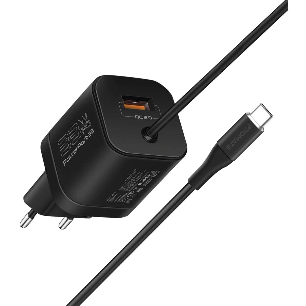 Promate ICharge-PDQC3 iPhone Wall Fast Charging 20W Power 1.5m Lightning Cable w/ Quick Charge 3.0 Port EU Outlet - Black