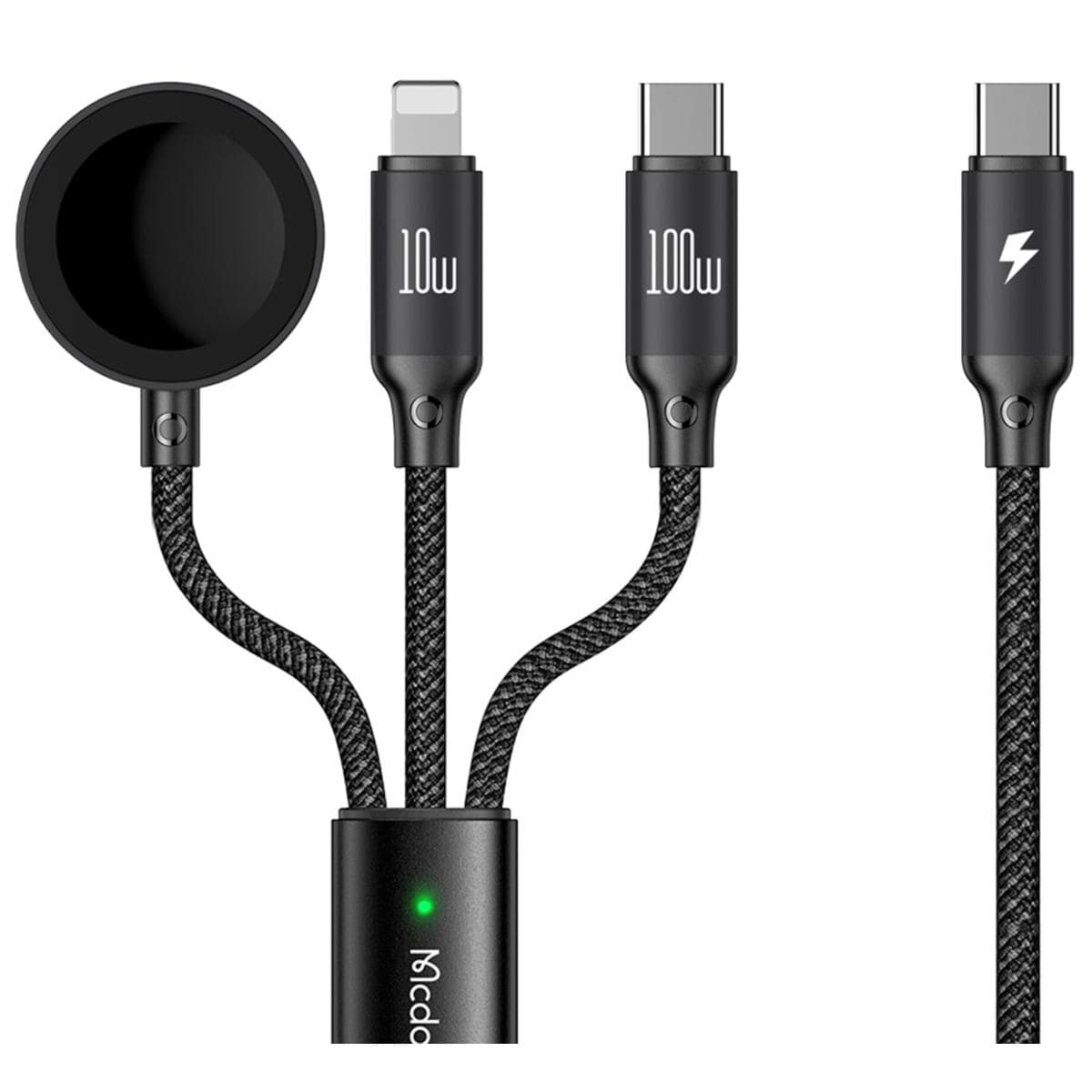 Mcdodo CA-4940 3 in 1 Charging Cable USB Type-C to Type-C + Lighting Series PD + Apple Watch Wireless Charger, 1.2m - Black
