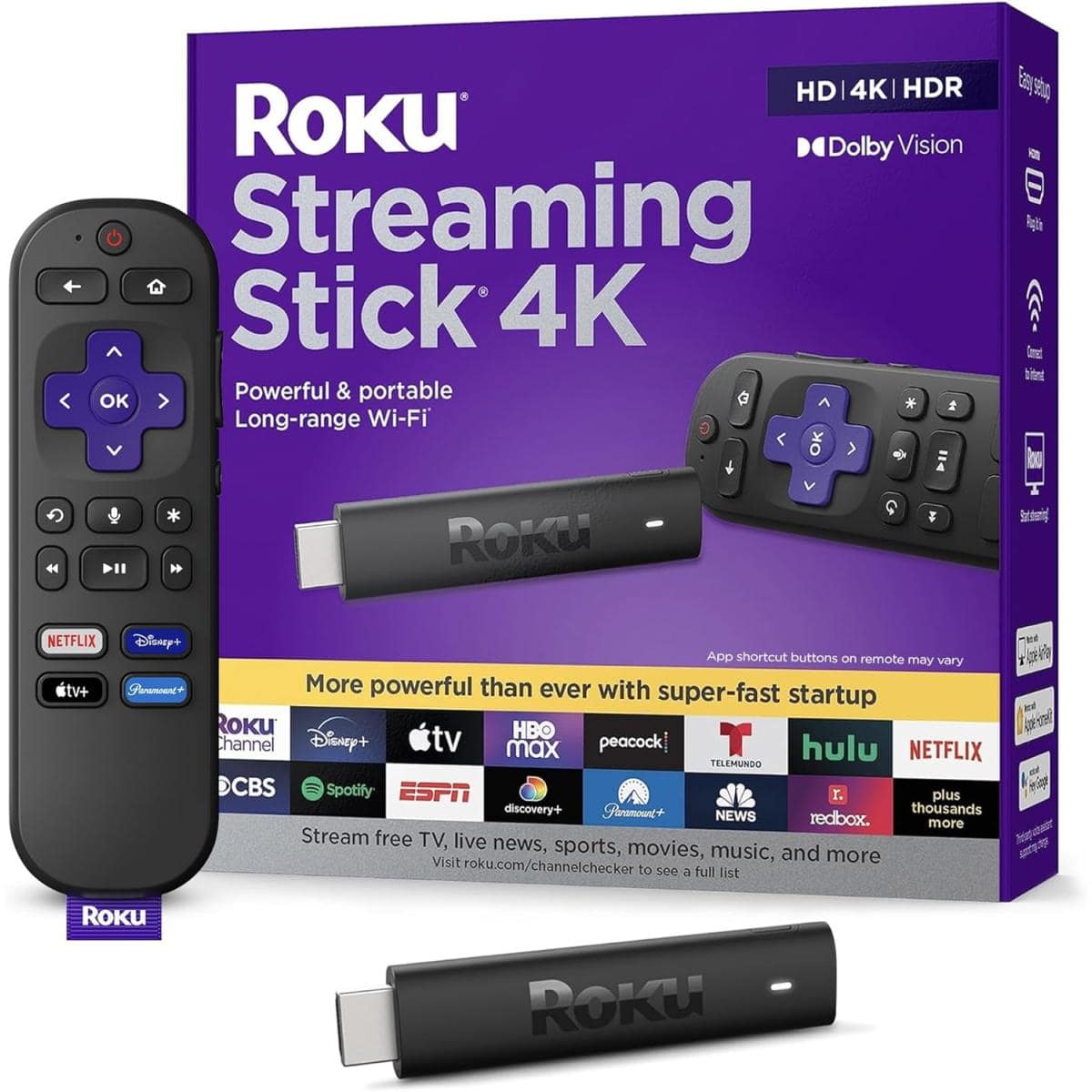 Roku Streaming Stick 4K Portable Roku Streaming Device 4K HDR Dolby Vision w/ Roku Voice Remote Free & Live TV - Black