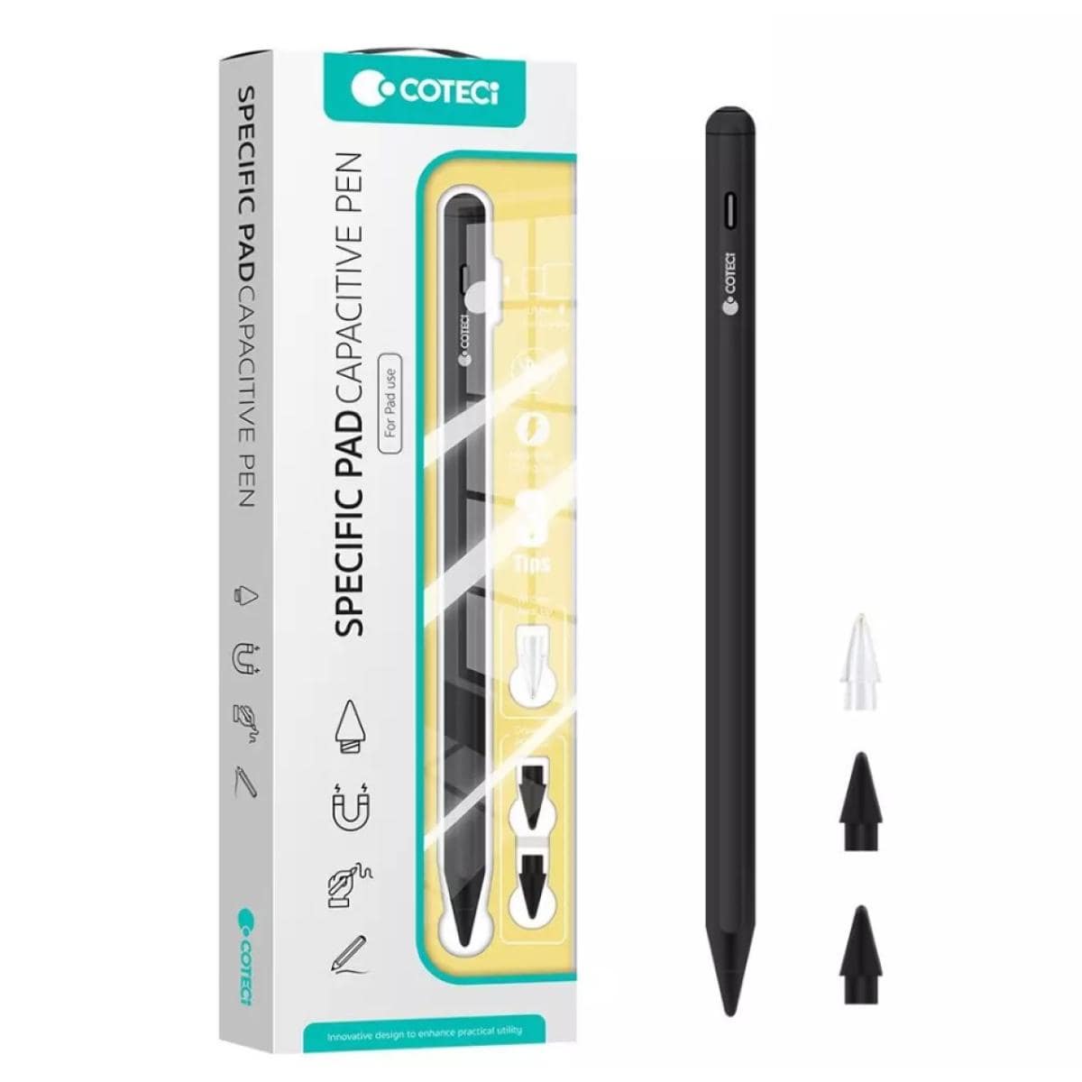Coteci P5 IP-017 Capacitive Pen Anti-Mistouch Oblique Pressure Fast Charging Magnetic Attraction Charging For iPad - Black