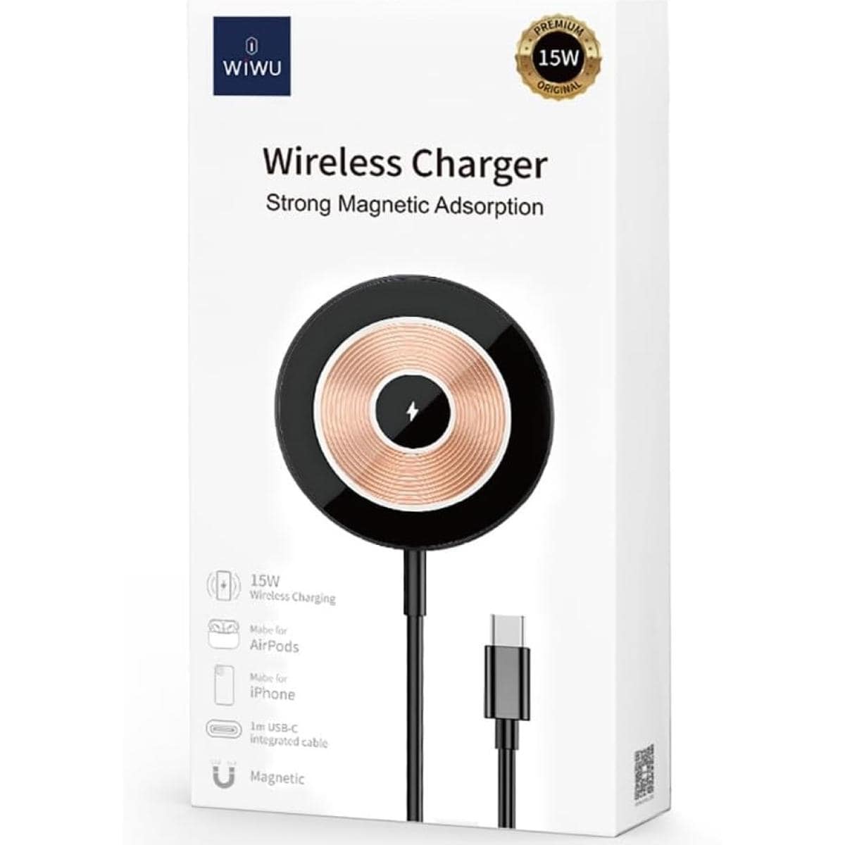 WIWU Wi-W007 Strong Magnetic Adsorption Wireless Charger 15W Type-C 1M Cable for iPhone - Black