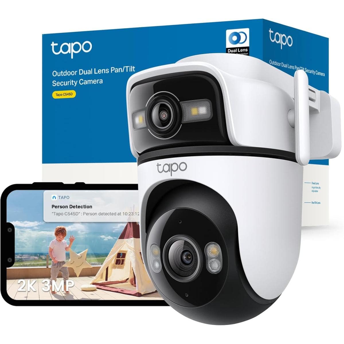 TP-Link Tapo C545D 2K 3MP Dual Lens Outdoor Camera,Security Camera with Smart Tracking,Smart AI Outdoor Camera,CCTV,Night Vision,IP66,2 Way Audio,No Hub,Alexa,Google Home,Flexible Storage,No Monthly fee