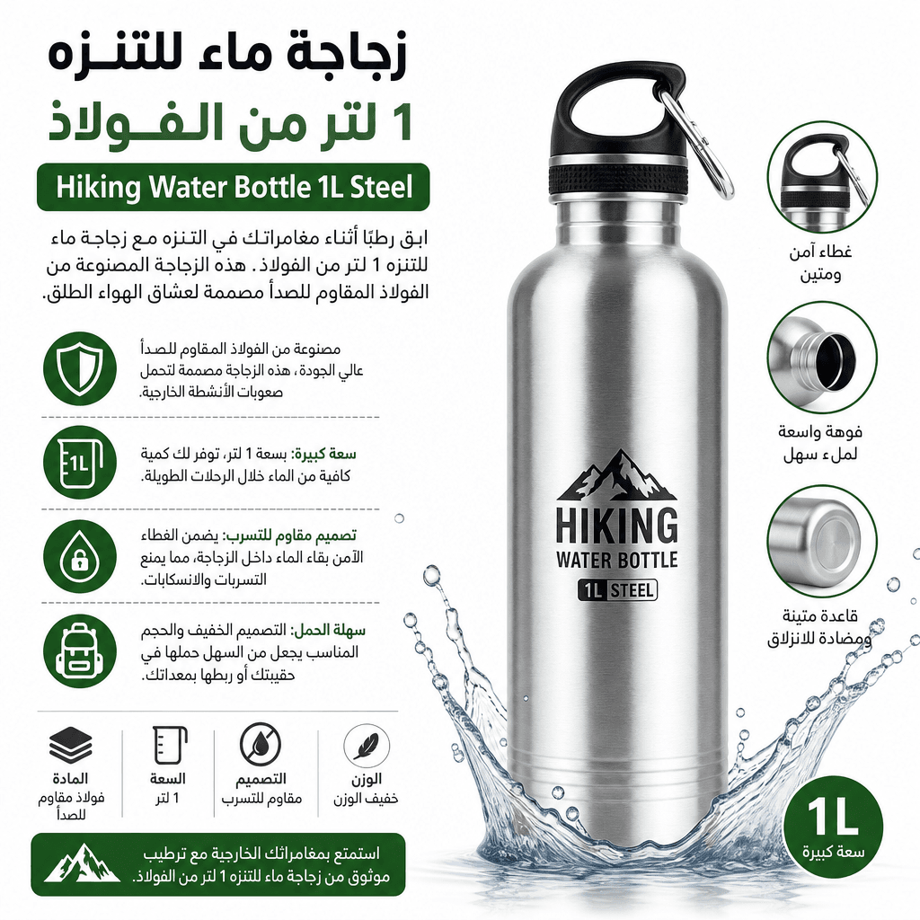 Hiking Water Bottle 1L Steel