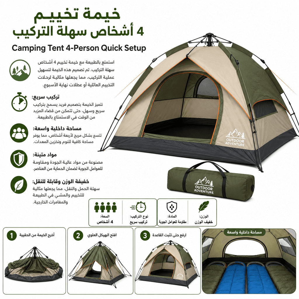 Camping Tent 4-Person Quick Setup