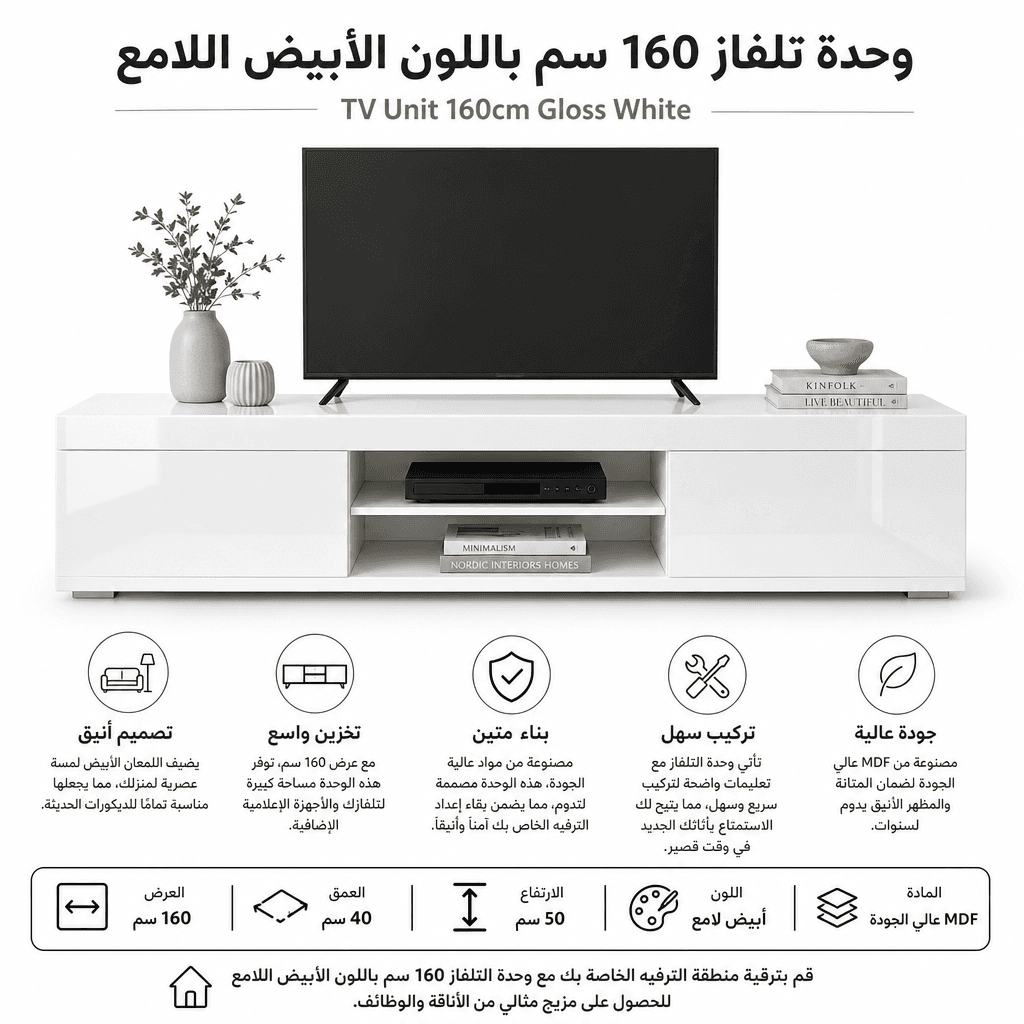 TV Unit 160cm Gloss White