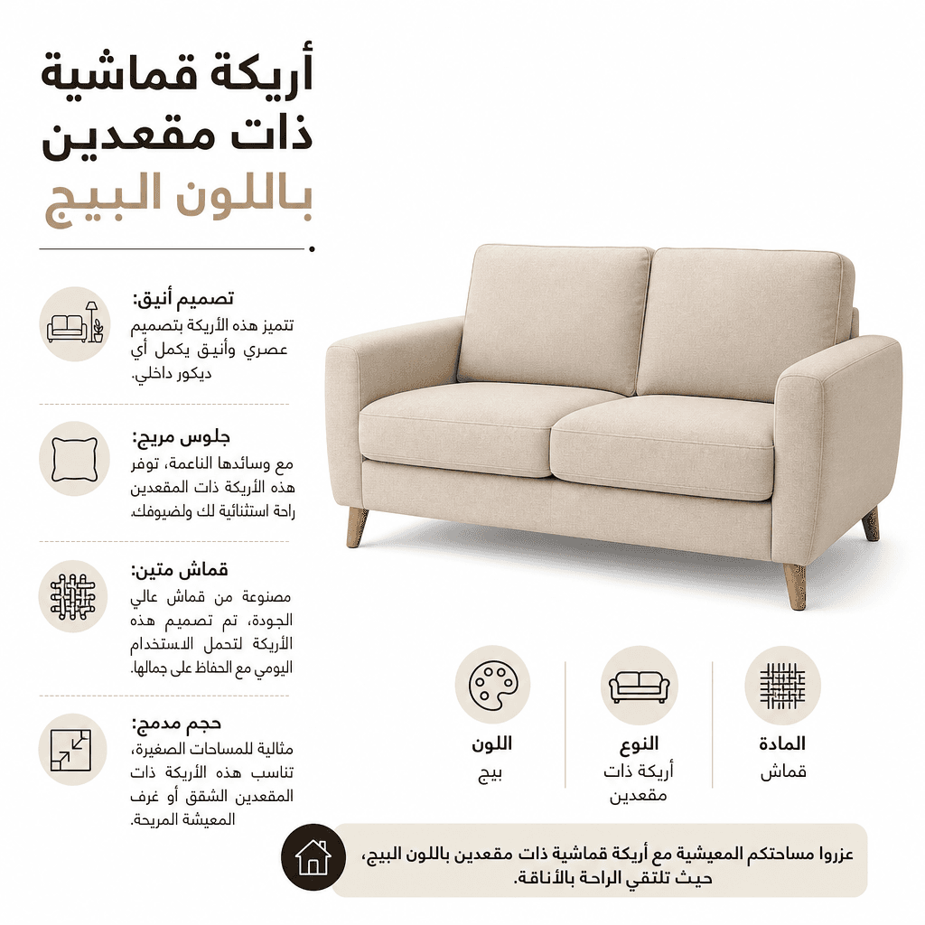 Fabric Sofa 2-Seater Beige