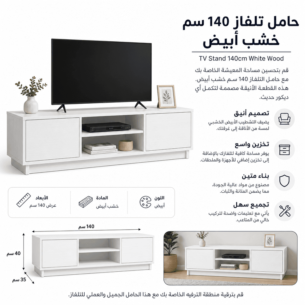 TV Stand 140cm White Wood