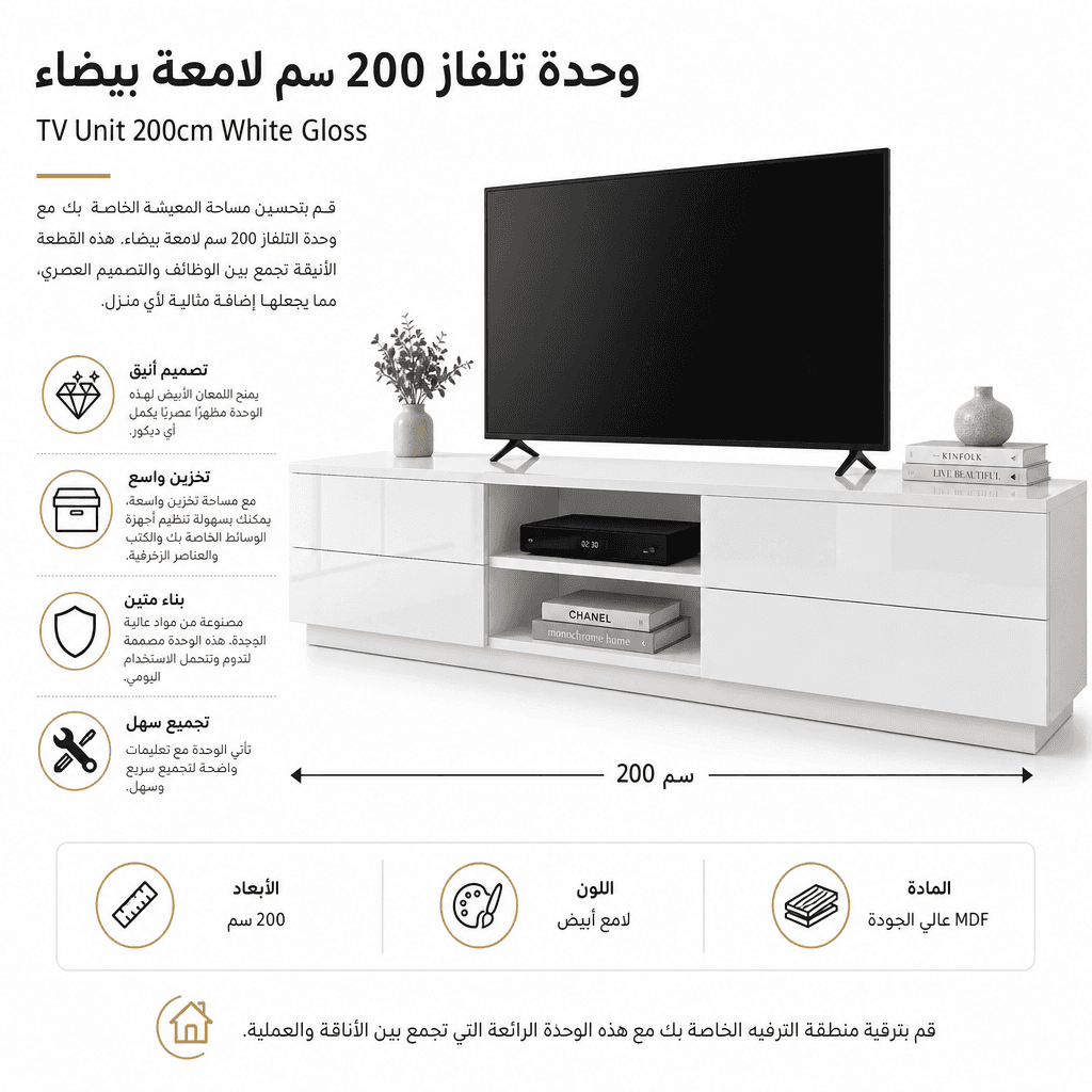 TV Unit 200cm White Gloss
