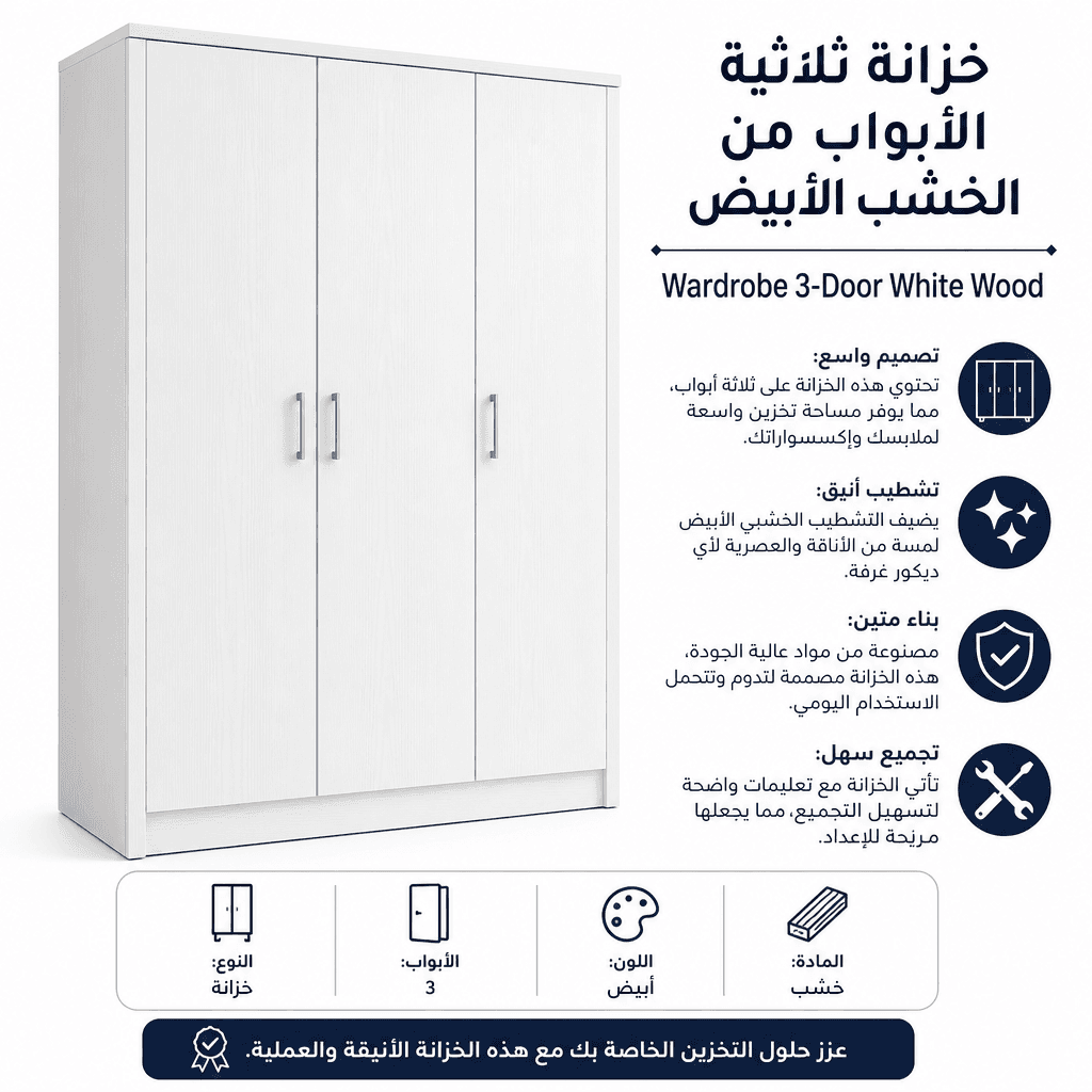 Wardrobe 3-Door White Wood