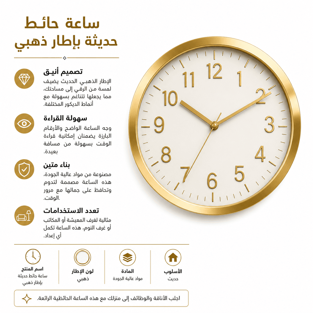 Wall Clock Modern Gold Frame