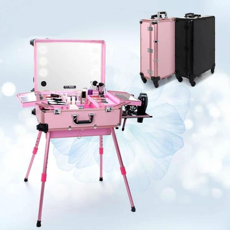 Rolling Makeup Case with LED Light Mirror with Multimedia
