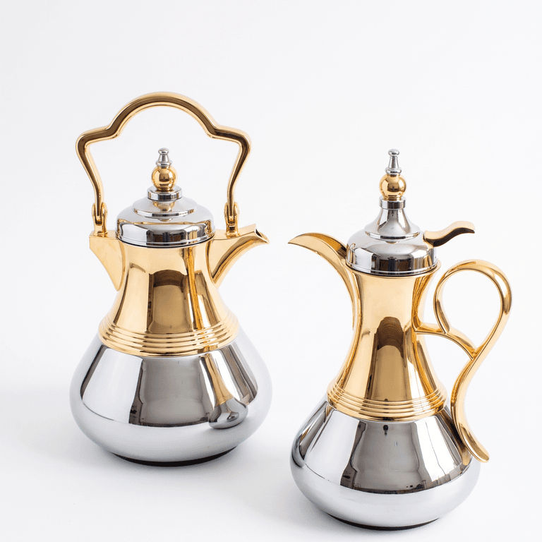 طقم دلات قهوة وشاي عربي - لونان ذهبي وفضي - 2 قطعة