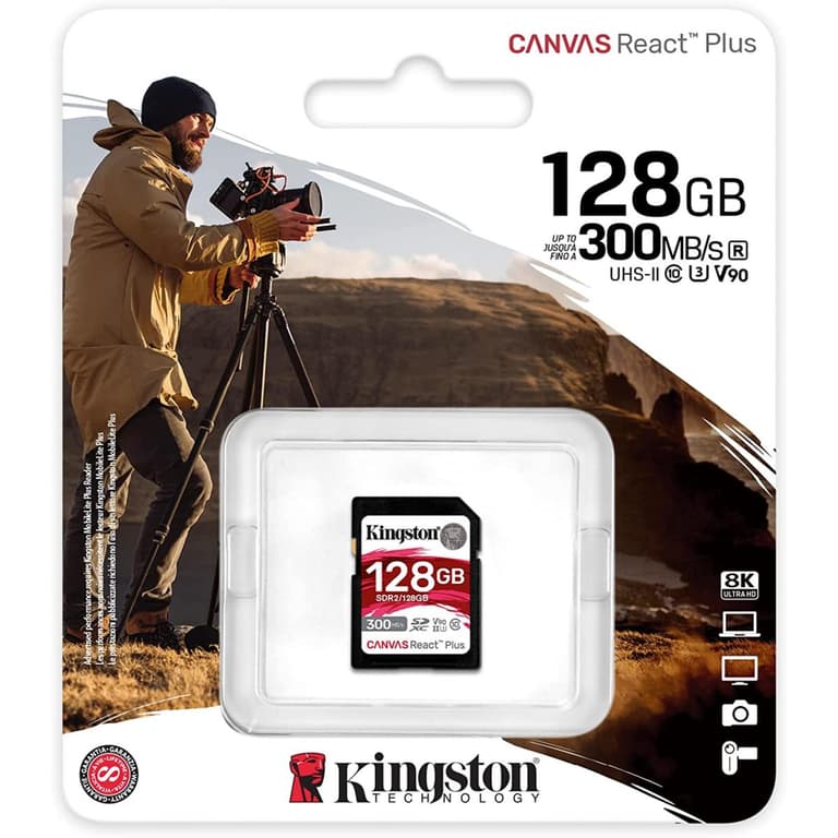 Kingston 128GB SDXC Canvas React Plus 300MB/s Read For UHS-II 4K/8K Professional Cinema Cameras