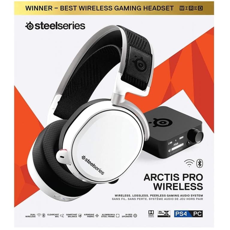 SteelSeries Arctis Pro Wireless Lossless High Fidelity Wireless + Bluetooth for PS5/PS4 and PC - White