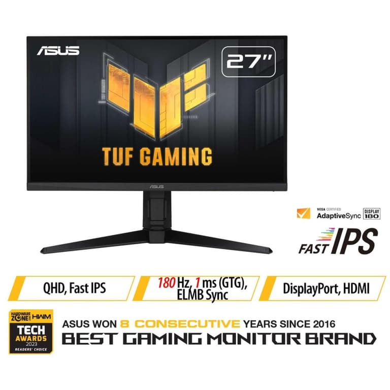 ASUS TUF VG27AQL3A Gaming 27" Fast IPS 2K QHD 180Hz 1ms HDR400 G-SYNC Compatible Variable Overdrive 130% sRGB Adjustable Stand w/ Speakers