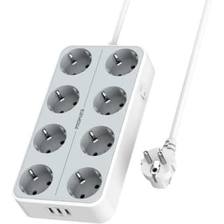 Promate PowerCord8EU-2M Premium 11-in-1 Power Socket 8x 4000W AC Sockets 3x USB Intellicharge Ports 2m Cable - White