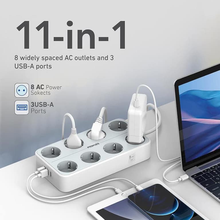 Promate PowerCord8EU-4M Premium 11-in-1 Power Socket 8x 4000W AC Sockets 3x USB Intellicharge Ports 4m Cable - White