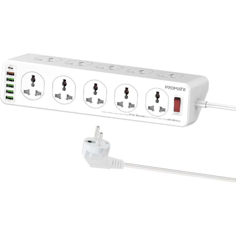 Promate POWERMATRIX-3M Premium 16-IN-1 Power Socket 10x OUTLETS 1xUSB-C PD 1xUSB-A QC 3.0 4x USB-A 3M Cable - White