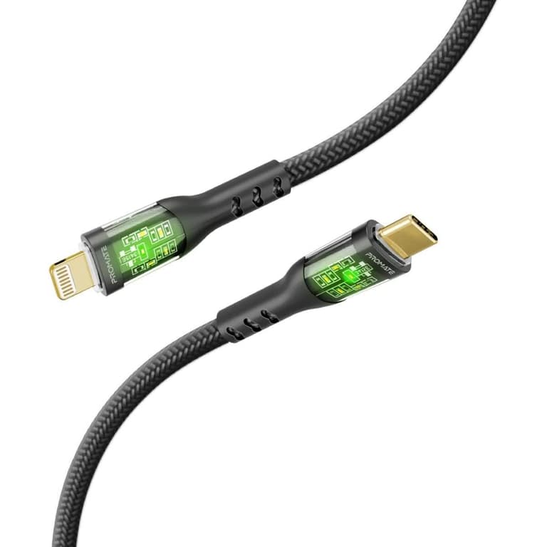 Promate TransLine-Ci USB-C to Lightning Cable Premium 27W Power Delivery w/ Transparent Shells 480Mbps Data Sync 120cm Nylon Braided Cord - Black