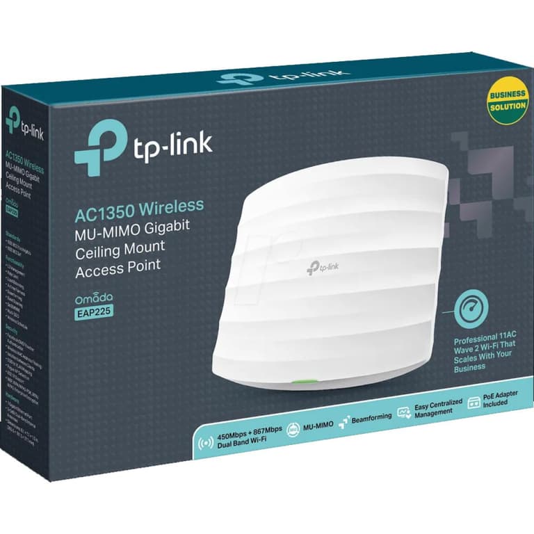 TP-Link Omada EAP225 AC1350 Wireless Ceiling Mount Access Point Seamless Roaming Gigabit MU-Mimo POE Powered w/ PoE Injector
