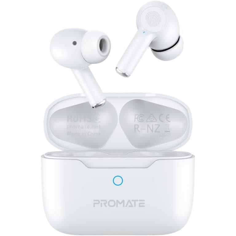 Promate ProPods True Wireless In-Ear Active Noise Cancelling Bluetooth v5.3 w/ Mic 25H Playback Time & Charging Case - White