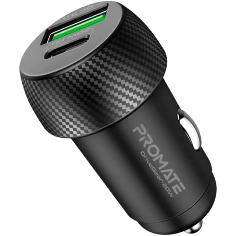 Promate DriveGear-20W Mini Car Charger Ultra Fast Charging 20W Dual USB-C & Quick Charge 3.0 Compact Form Factor