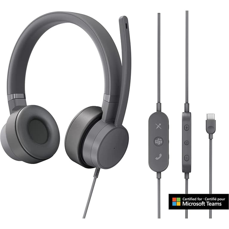 Lenovo Go USB C Active Noise Cancelling Headset Rotatable Boom Mic Certified for Microsoft Teams - Gray