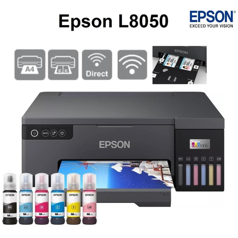 EPSON EcoTank L8050 High Volume 6 Colour A4 Photo Printer 10x15cm Borderless Photos 5.760 x 1.440 DPI Resolution 22 ppm