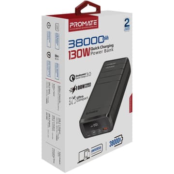 Promate PowerMine-130 38000mAh 130W Quick Charging Power Bank For Laptops Tablets Smartphones w/ Circuits Protect