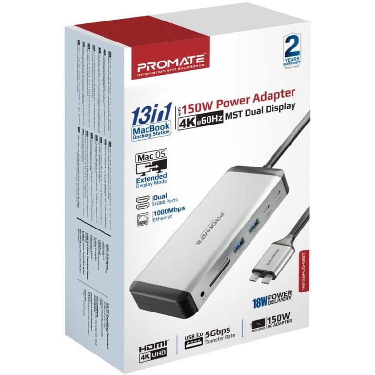 Promate VersaHub-MST 12-in-1 MacBook Docking Station Extended Multi-Display Dual 4K HDMI Premium 100W Dual Pin MacBook