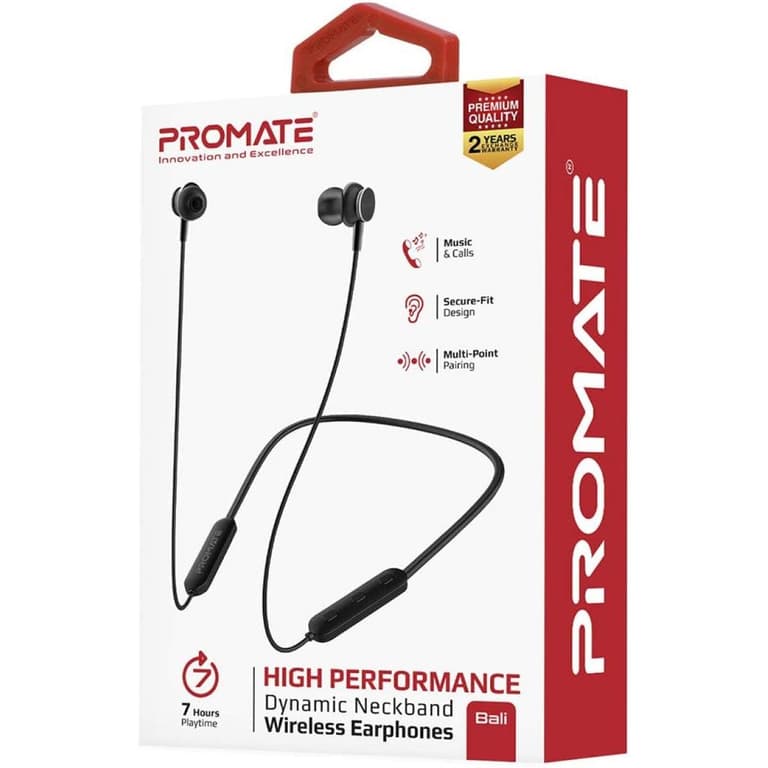 Promate Bali Dynamic Neckband Bluetooth v5.0 Magnetic Closure Secure Fit Headset w/ Built-in MIC 7 Hours Long Playtime - Black